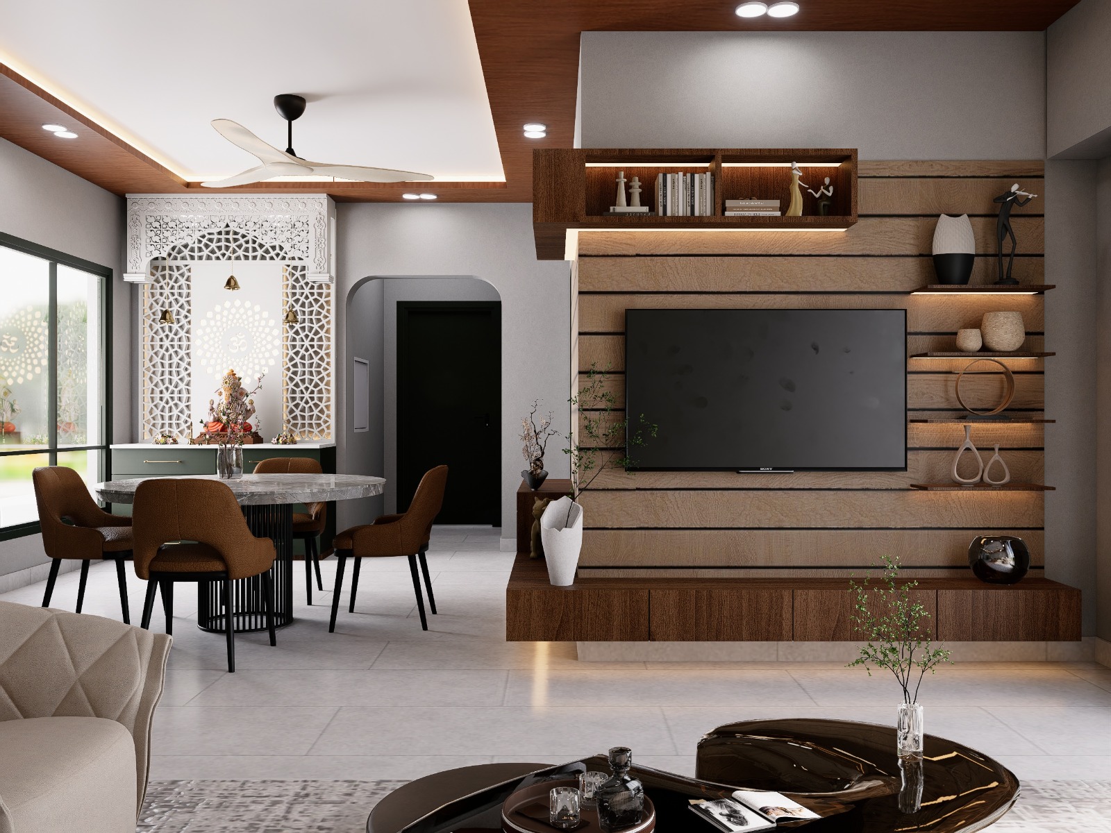 Sleek white modular kitchen with dark countertops by The Omega Group