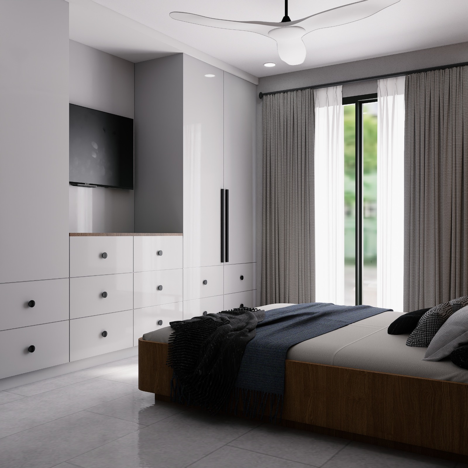 Open-plan apartment living and dining area with teal accents by The Omega Group