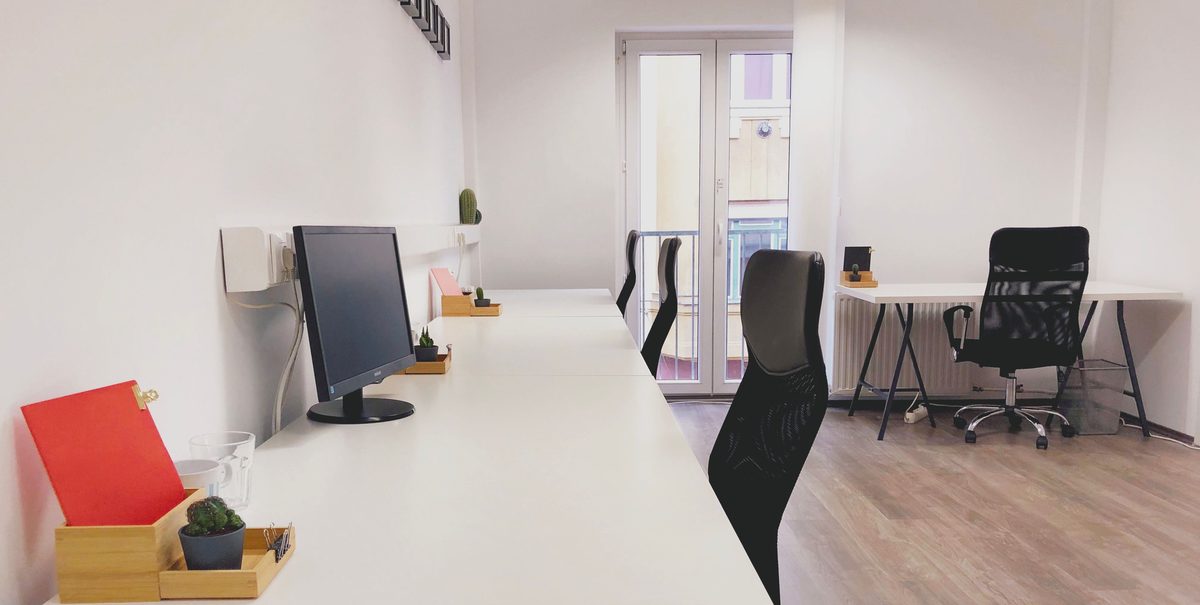 Bright open-plan coworking space with shared desks and natural light