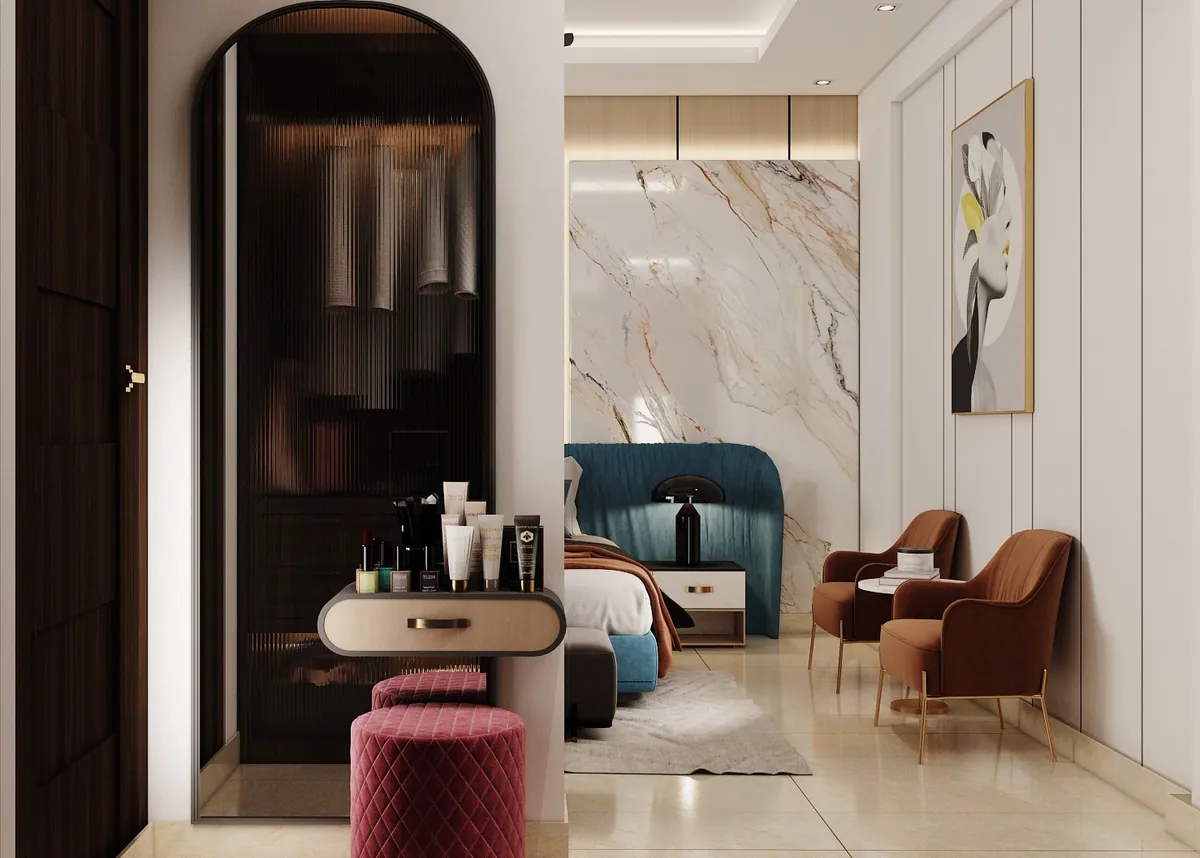 Luxury bedroom suite with marble accent wall and custom dressing area designed by The Omega Group