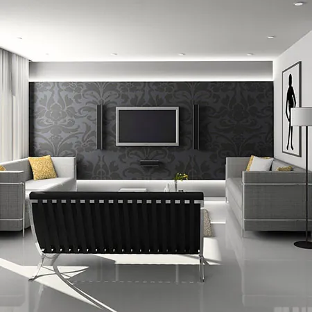 Moody, dark-toned villa living room and lounge by The Omega Group