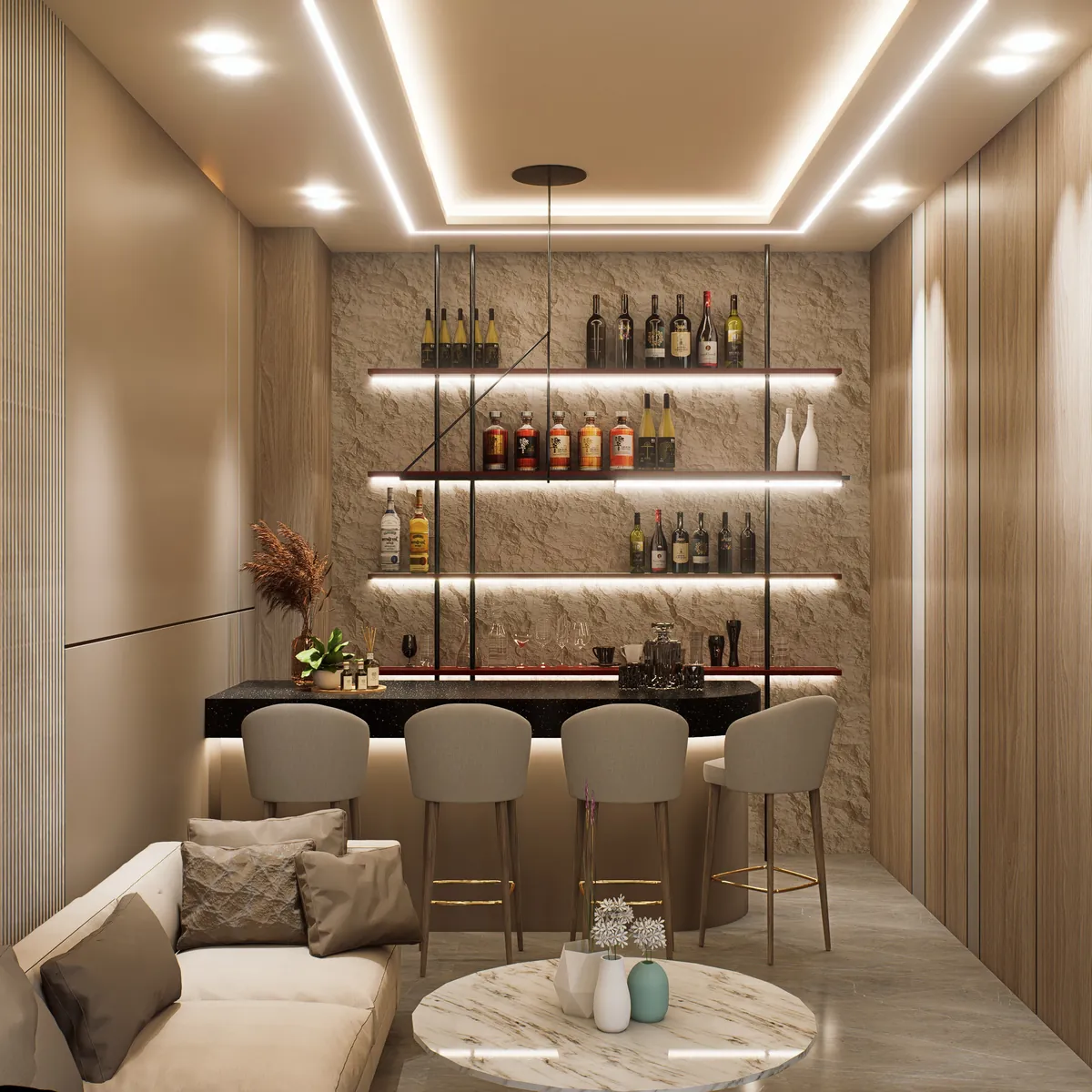 Smart World Orchard apartment interior with bespoke bar unit by The Omega Group