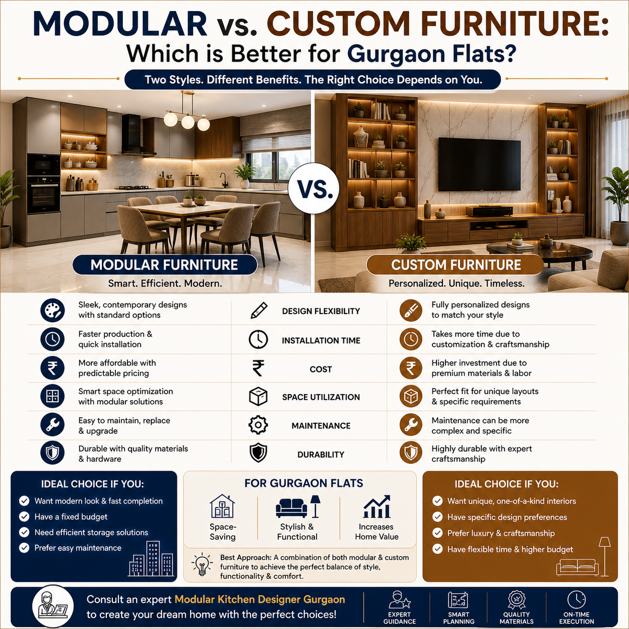 Modular vs. Custom Furniture: Which is Better for Gurgaon Flats? | Expert Guide by a Modular Kitchen Designer Gurgaon