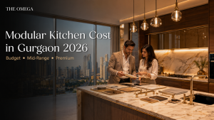 Luxury modular kitchen interior in Gurgaon with premium cabinetry, kitchen island, designer lighting, and interior designer consultation for kitchen cost planning.