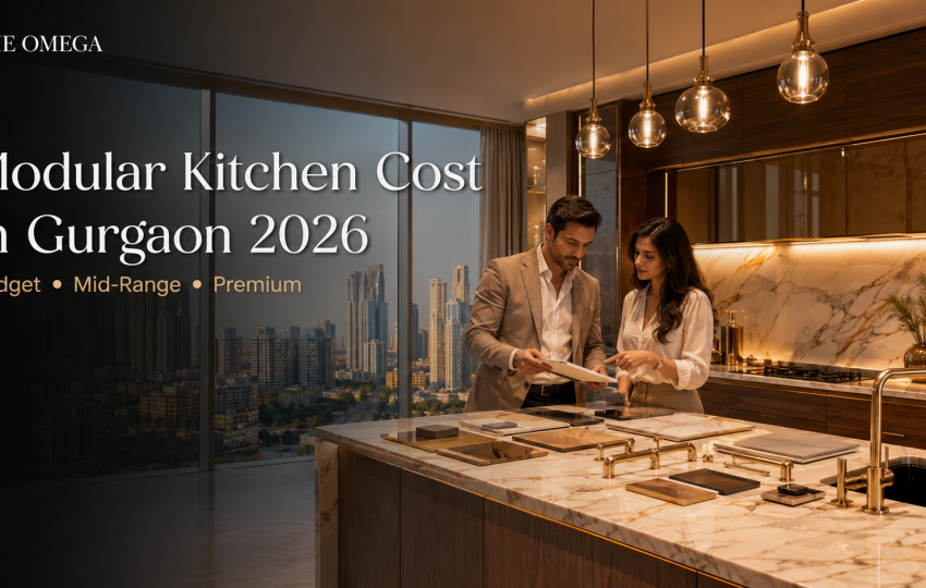 Luxury modular kitchen interior in Gurgaon with premium cabinetry, kitchen island, designer lighting, and interior designer consultation for kitchen cost planning.