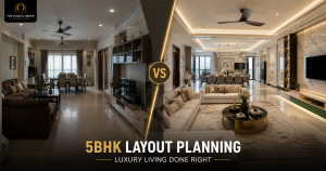 Split-screen comparison of a poorly planned 5BHK home and a professionally designed luxury 5BHK interior featuring open layouts, premium finishes, elegant lighting, and optimized space planning.