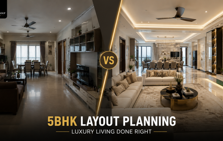 Split-screen comparison of a poorly planned 5BHK home and a professionally designed luxury 5BHK interior featuring open layouts, premium finishes, elegant lighting, and optimized space planning.