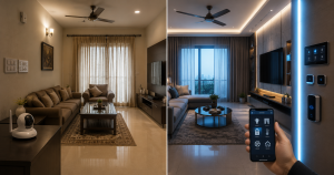 Split-screen comparison of a traditional living room and a luxury smart home interior in Gurgaon featuring automated lighting, smart controls, connected security, and modern home automation technology.