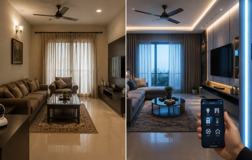 Split-screen comparison of a traditional living room and a luxury smart home interior in Gurgaon featuring automated lighting, smart controls, connected security, and modern home automation technology.