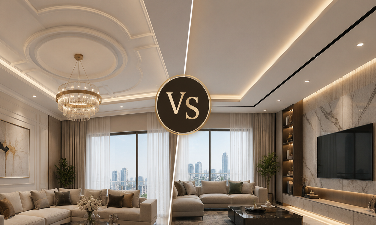 POP Ceiling vs False Ceiling for Gurgaon homes 2026 – luxury living room interior design comparison