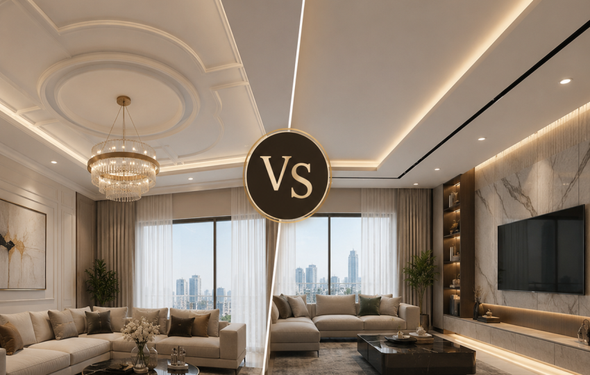 POP Ceiling vs False Ceiling for Gurgaon homes 2026 – luxury living room interior design comparison