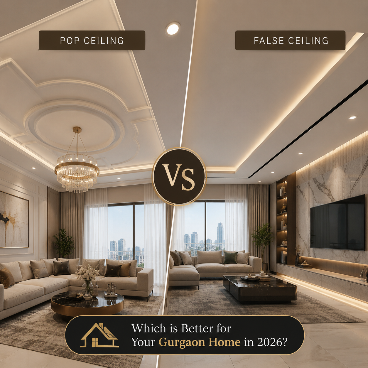 POP Ceiling vs False Ceiling for Gurgaon homes 2026 – luxury living room interior design comparison