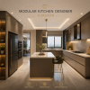 Luxury modular kitchen design for a 3BHK flat in Gurgaon featuring an elegant island layout, premium cabinetry, marble countertops, integrated appliances, warm ambient lighting, and modern space-saving storage solutions.