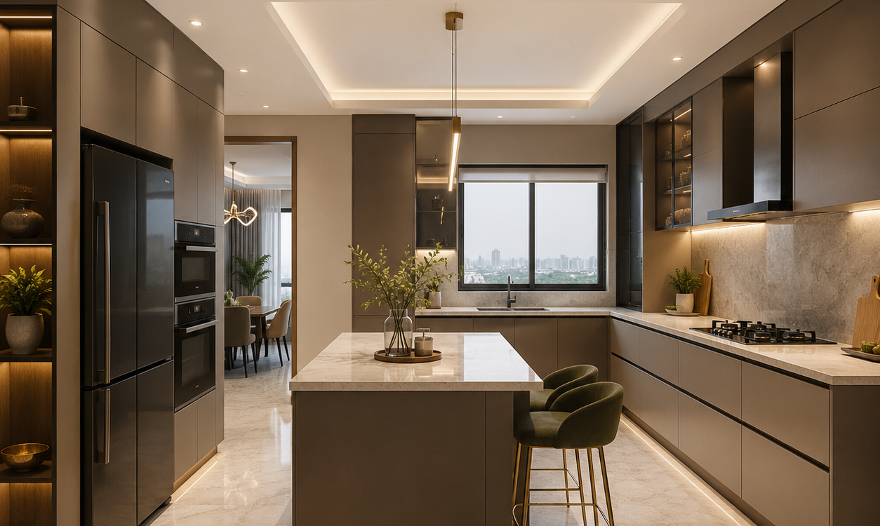 Luxury modular kitchen design for a 3BHK flat in Gurgaon featuring an elegant island layout, premium cabinetry, marble countertops, integrated appliances, warm ambient lighting, and modern space-saving storage solutions.