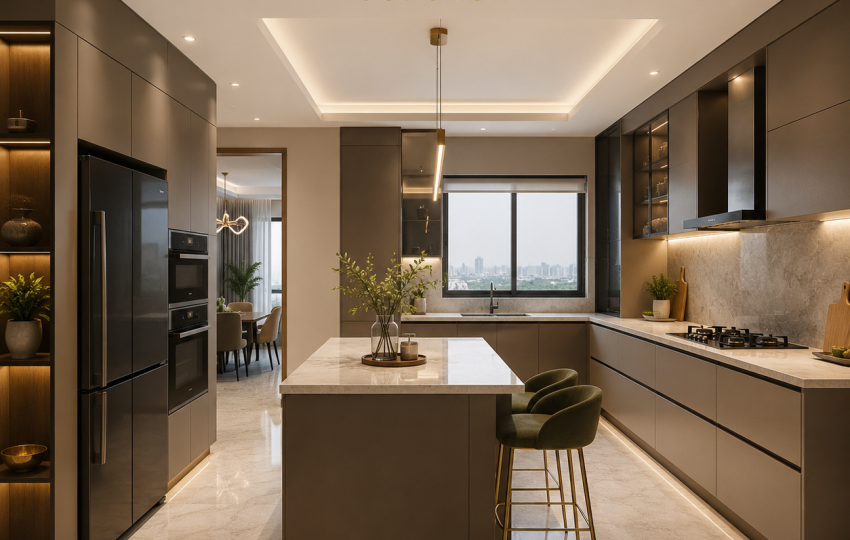 Luxury modular kitchen design for a 3BHK flat in Gurgaon featuring an elegant island layout, premium cabinetry, marble countertops, integrated appliances, warm ambient lighting, and modern space-saving storage solutions.