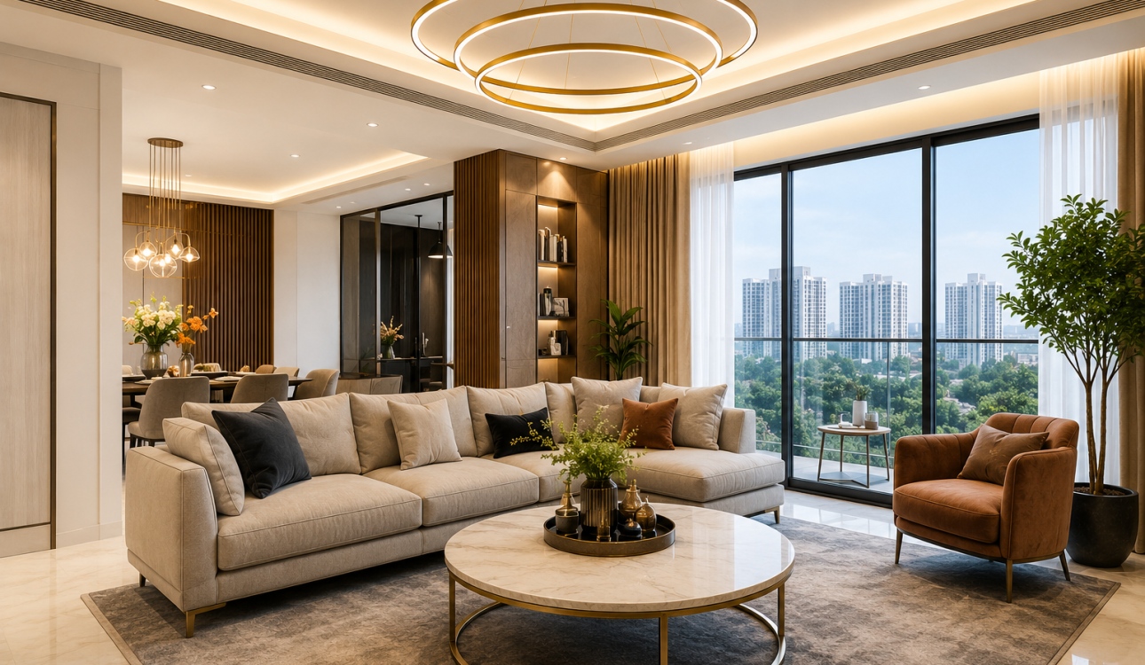 Luxury living room interior by an interior designer Dwarka Expressway with modern furniture, marble accents, and premium Gurgaon home design.