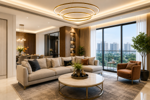 Luxury living room interior by an interior designer Dwarka Expressway with modern furniture, marble accents, and premium Gurgaon home design.