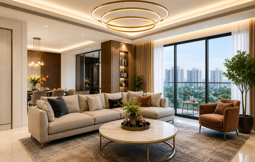 Luxury living room interior by an interior designer Dwarka Expressway with modern furniture, marble accents, and premium Gurgaon home design.