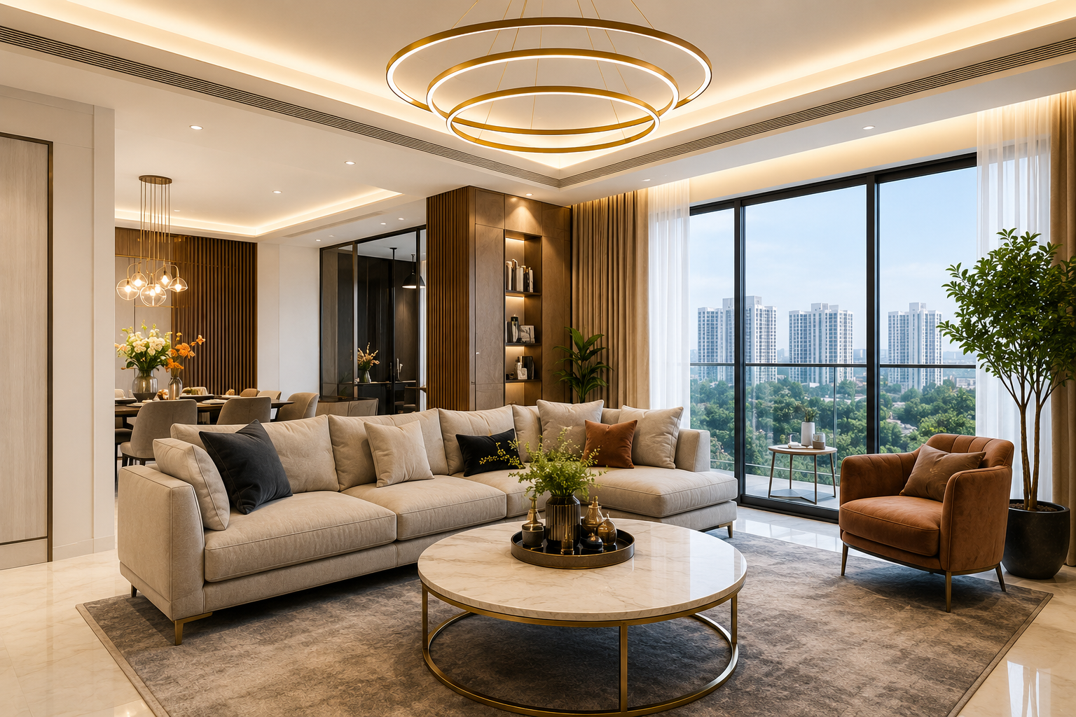 Luxury living room interior by an interior designer Dwarka Expressway with modern furniture, marble accents, and premium Gurgaon home design.