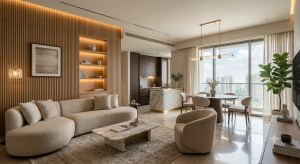 Luxury apartment interior design in Gurgaon featuring a modern living room with Italian marble flooring, curved sofa, bespoke wooden paneling, designer lighting, and an open-concept dining area.
