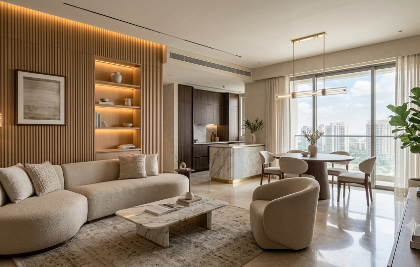 Luxury apartment interior design in Gurgaon featuring a modern living room with Italian marble flooring, curved sofa, bespoke wooden paneling, designer lighting, and an open-concept dining area.