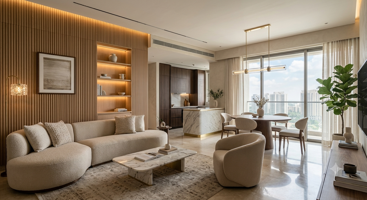 Luxury apartment interior design in Gurgaon featuring a modern living room with Italian marble flooring, curved sofa, bespoke wooden paneling, designer lighting, and an open-concept dining area.