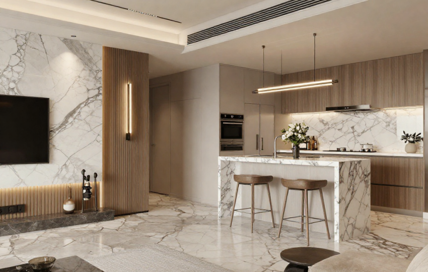 Luxury apartment interior design in Gurgaon featuring a modern living room with Italian marble flooring, curved sofa, bespoke wooden paneling, designer lighting, and an open-concept dining area.