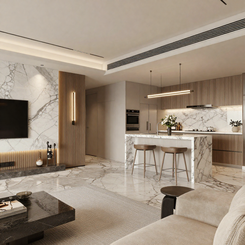Luxury apartment interior design in Gurgaon featuring a modern living room with Italian marble flooring, curved sofa, bespoke wooden paneling, designer lighting, and an open-concept dining area.